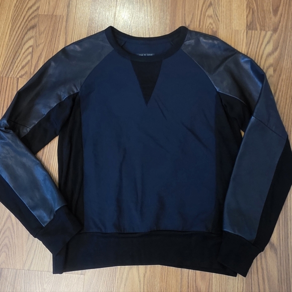 Rag & Bone Women's XS Black Leather Sweatshirt Sweater Baseball Sleeve $425 - Picture 9 of 13